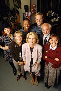 THE FACULTY -- Meredith Baxter (center) stars in the new comedy series, THE FACULTY, which airs on the ABC Television Network.  Also atarring are (from left) Jenica Bergere, Constance Shulman, Miguel Nunez, Jr., Peter MacKenzie, Peter Michael Goetz and Nancy Lenehan.